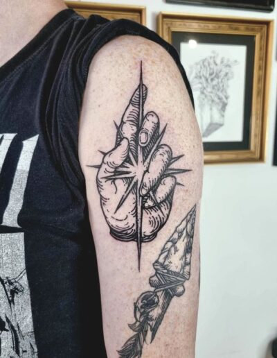 Blackwork tattoo of a medieval hand illustration by @bohuntattoo