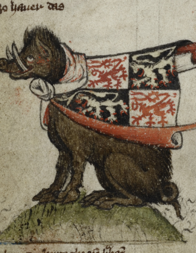 Boar in a cape, representing Jan III van Brabant, Wapenboek Gelre (Brussels, KBR, ms. 15652–15656, f2v). Page with the poem Van den evere.