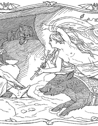 Freyja rides her boar Hildisvíni to visit Hyndla, as described in Hyndluljóð by Lorenz Frølich (1820–1908)