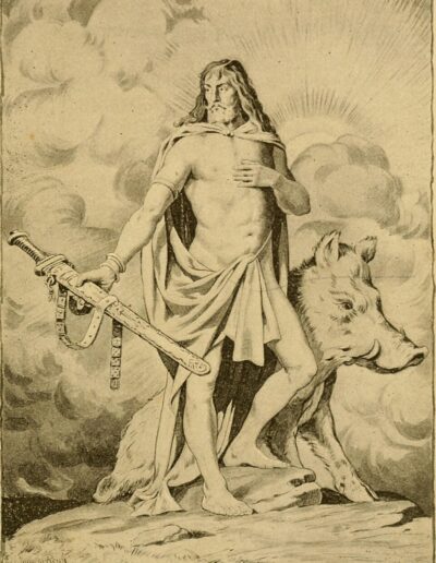 Freyr riding Gullinbursti (published in 1865) from A. Murray's Manual of Mythology - Greek and Roman, Norse, and Old German, Hindoo and Egyptian Mythology. London, Asher and Co.